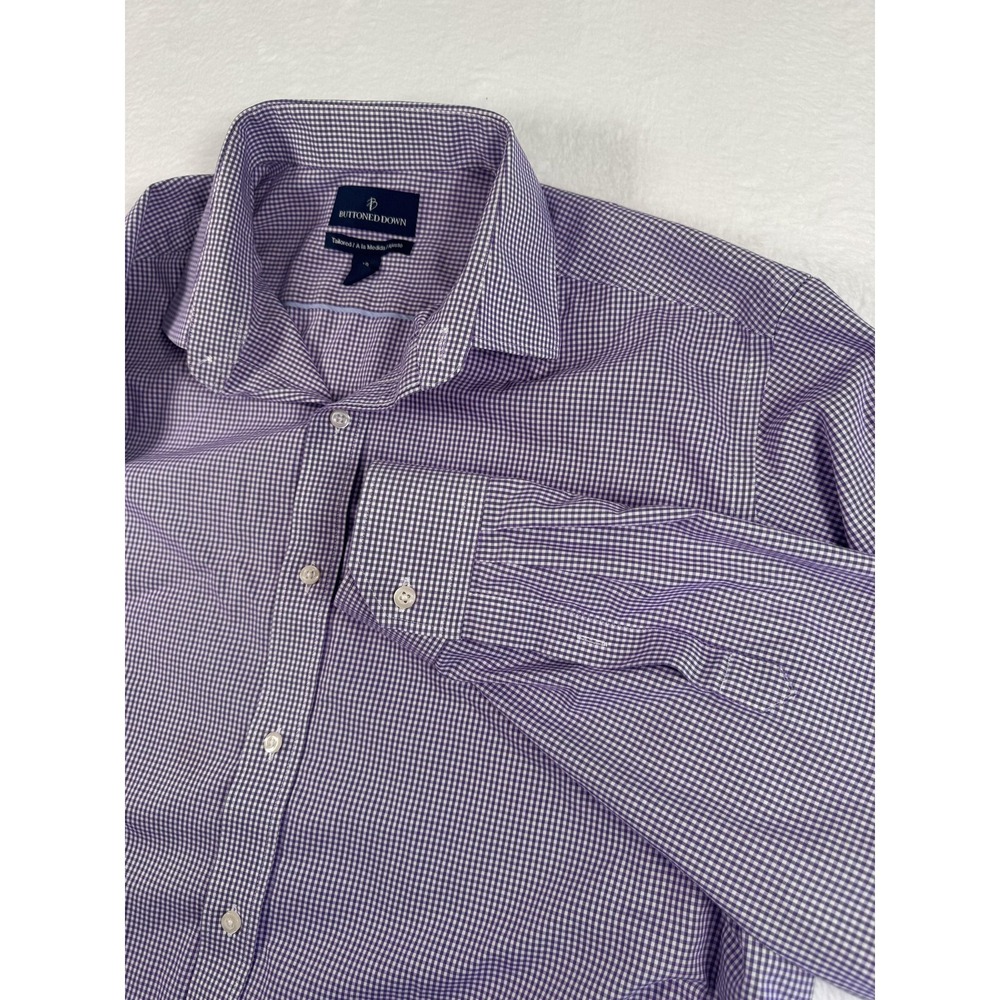 Buttoned Down Shirt Mens 18 36/37 Purple Gingham Slim Fit Dress Long Sleeve
